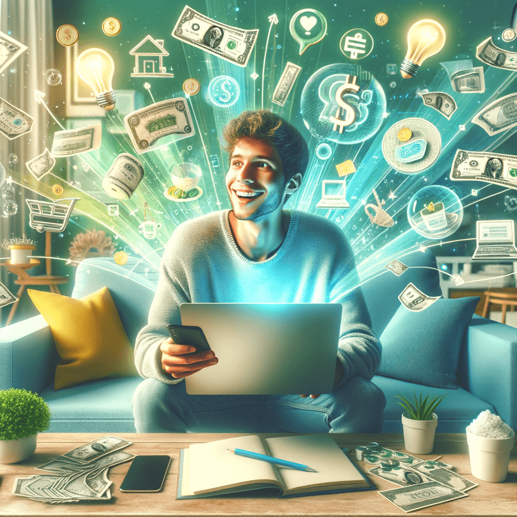 Pessoa sorridente usando notebook em casa, cercada por ícones de dinheiro, compras e ideias, com notas e moedas flutuando ao redor, representando renda extra pela internet de forma prática e acessível.