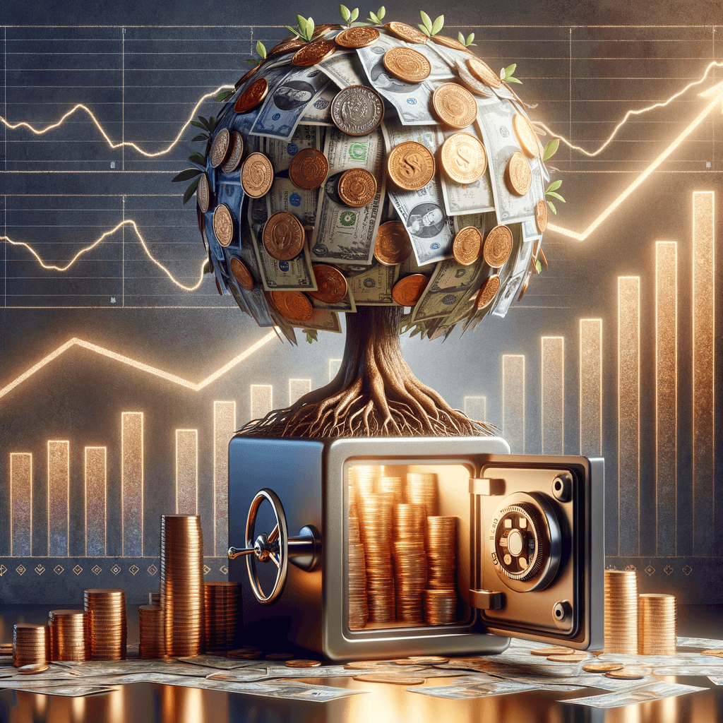 Cofre transparente repleto de moedas e notas, com uma árvore crescendo de dentro dele. As folhas da árvore são feitas de dinheiro. Ao fundo, gráficos de crescimento e uma luz suave transmitem prosperidade e sucesso financeiro, em um estilo hiper realista e com cores vibrantes.
